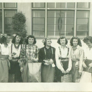 1948 Women in Plaid Costumes at Small Fry's Hair Bows Shopping Bags 40s Vintage Photograph Black White Photo