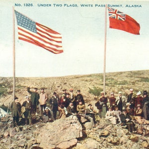 White Pass Summit Alaska Under Two Flags Canada Border 1900s Antique Color Postcard Unmailed