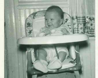 Donald Walter Baby Boy Sitting in High Chair Holding Spoon 1953 Vintage Black and White Photograph
