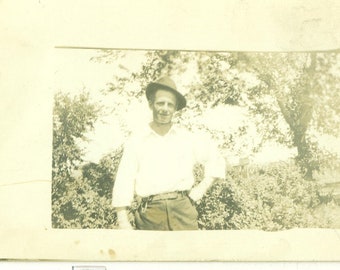 Working Man Fedora Hat White Shirt West Western Antique RPPC Real Photo Postcard Vintage Photograph Black White Photo