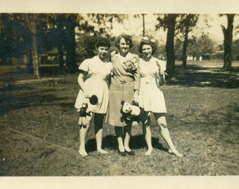 1944 Moms Holding Toys Stuffed Panda Doll Kids Birthday Outside Vintage Black White Photo Photograph