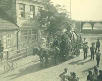 Horse Drawn Wagon Parade Float Europe Town Bicycle People Decorated Tree Branches  Antique Vintage Photo Snapshot Black White Photograph