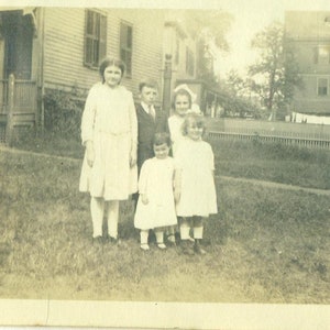 1920s Children Girls Boys Siblings Family Standing Outside Town Houses 20s Antique Vintage Photograph Black White Photo