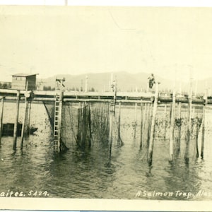 Alaska Salmon Trap Rete da pesca sul molo Thwaites AZO RPPC Foto reale Cartolina Fotografia antica