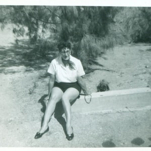 1960 Mom at the Beach with Dog Sitting on Cement Parking Barrier 60s  Photograph Black White Photo