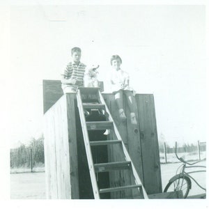 1959 Steven Susan Markey with Dog Sitting on Top of Shed Ladder Bike 50s Vintage Photograph Black White Photo