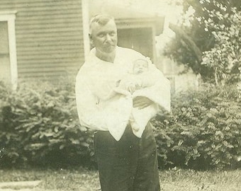 1928 Father and Son Newborn Baby Proud Papa Standing Outside Vintage Photo Photograph Summer Infant