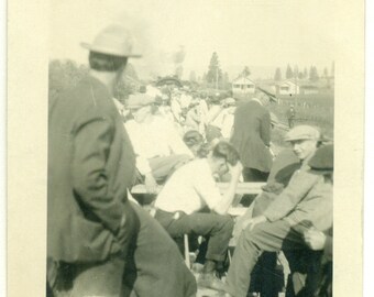 Crowd of Men Sitting in the Bleachers Watching The Game Fun Day 1910s RPPC Real Photo Postcard Photograph