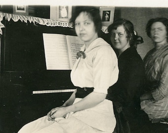 Mother Daughters Girls Sitting at Piano Inside House RPPC Real Photo Postcard Black White Photograph