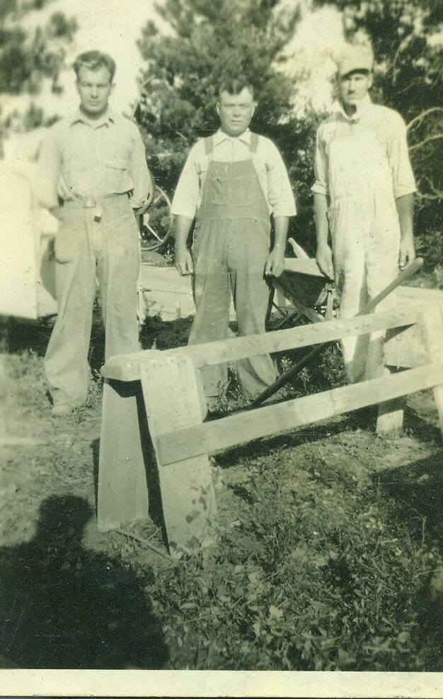 Farmers Working Men Standing in Overalls Wheelbarrow 1920s Antique