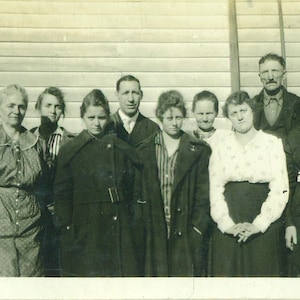 Antique Family Group Photo Unhappy Girls Corset Waist Women Farm 1910s Vintage Photograph Black White Photo