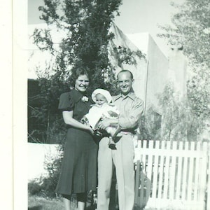 1940s Happy Family Man Holding Cute Baby Girl 40s Vintage Photograph Black White Photo