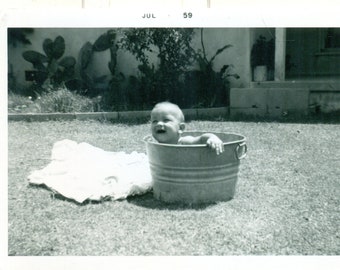 1959 Baby In A Metal Bucket Wash Bin Outside Summer Vintage Black White Photo Photograph