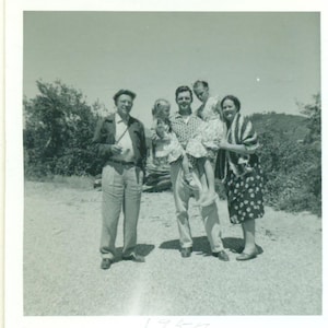 1957 The Leiss Family at the Beach Girls Held by Dad Grandparents 50s Vintage Photograph Black White Photo