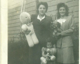 Easter 1945 Happy Girl Doll Mom Holding Giant Bunny Toy 40s Vintage Photograph Black White Photo