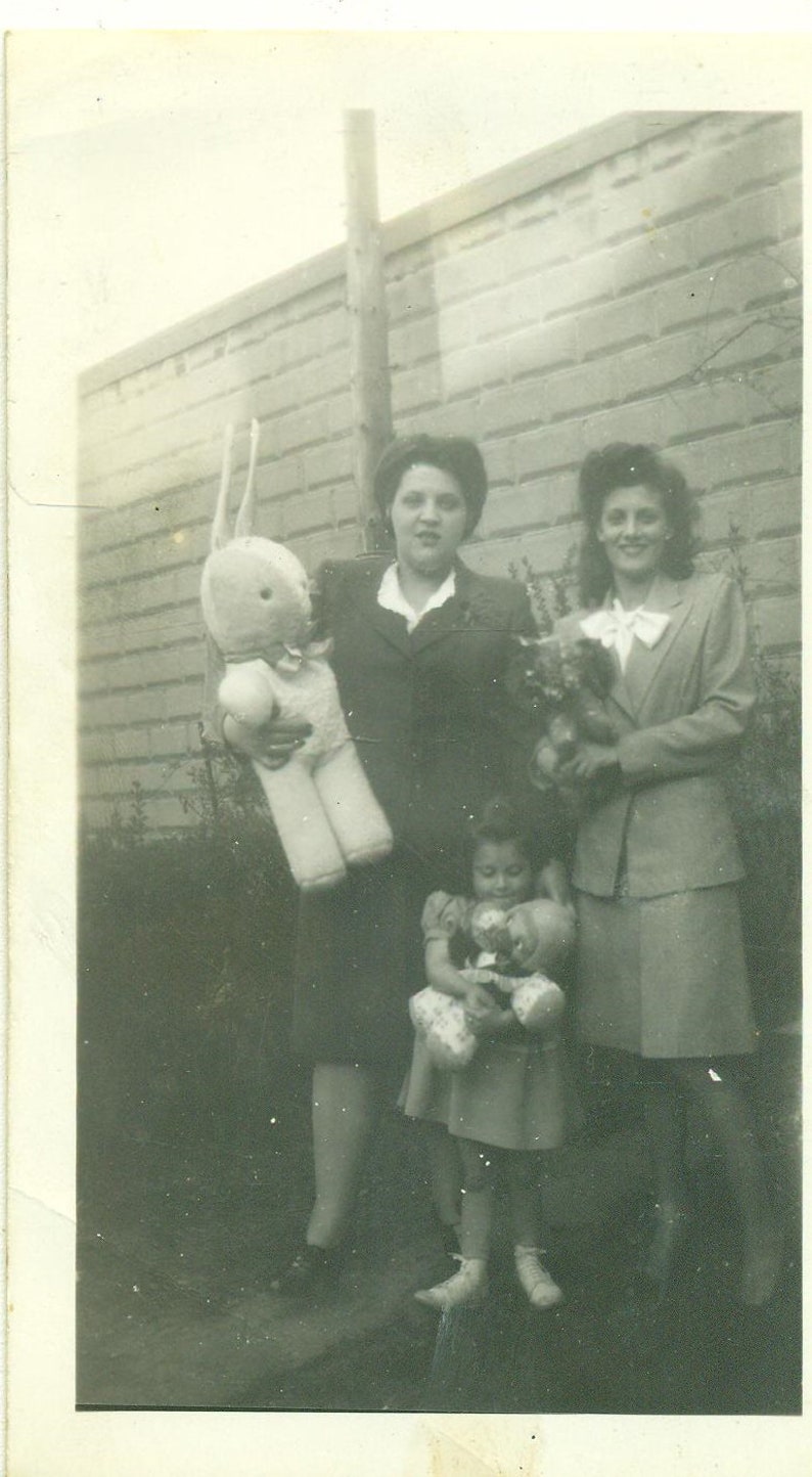 Easter 1945 Happy Girl Doll Mom Holding Giant Bunny Toy 40s Vintage Photograph Black White Photo image 1