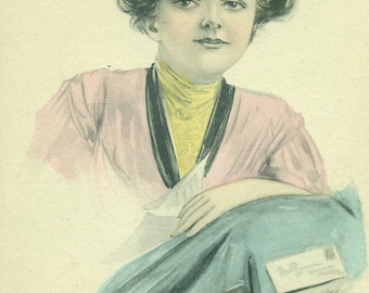 Antique Color Postcard Beautiful Edwardian Woman Reading a Letter Mail Pink Blue Art