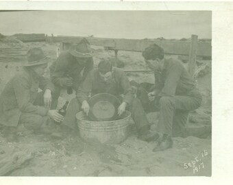 Nome Alaska 1917 Fort Davis Army Soldiers Panning For Gold Pan In Uniform on Beach RPPC Postcard Vintage Photo Photograph