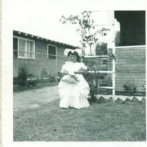 1950s Southern Belle Costume Little Girl in Big Dress Hat 50s Vintage Photograph Black White Photo
