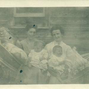 1910s Mothers Babies on Hammock Summer Day Women Baby Touching Toes RPPC Real Photo Postcard Antique Photograph