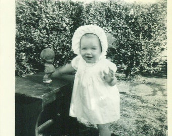 1940s Baby Holding Kewpie Doll Outside Dress Bonnet 40s Vintage Photo Black White Photograph