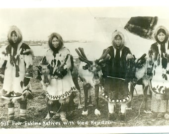 Alaska Native Eskimo Women With Sled Reindeer Traditional Fur Parkas  RPPC Real Photo Postcard