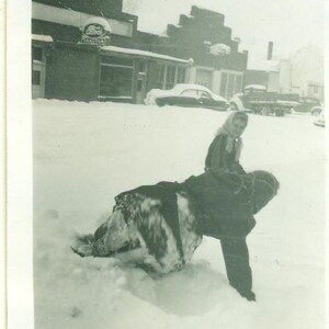 1940s Girl Falling in Snow Street Winter Blizzard 40s Vintage Photograph Black White Photo