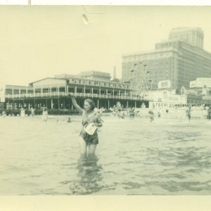 1920s Atlantic City Woman Wading in Ocean Ferris Wheel Steeplechase Behind 20s Vintage Photo Black White Photograph