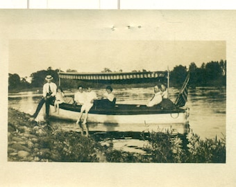 1910s Boat Ride Lazy Summer Day At Lake Boy Feet in Water Family RPPC Real Photo Postcard Antique Photograph