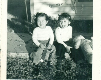 Little Girls With Toys Stuffed Teddy Bear Outside 1950s Vintage Black White Photo Photograph