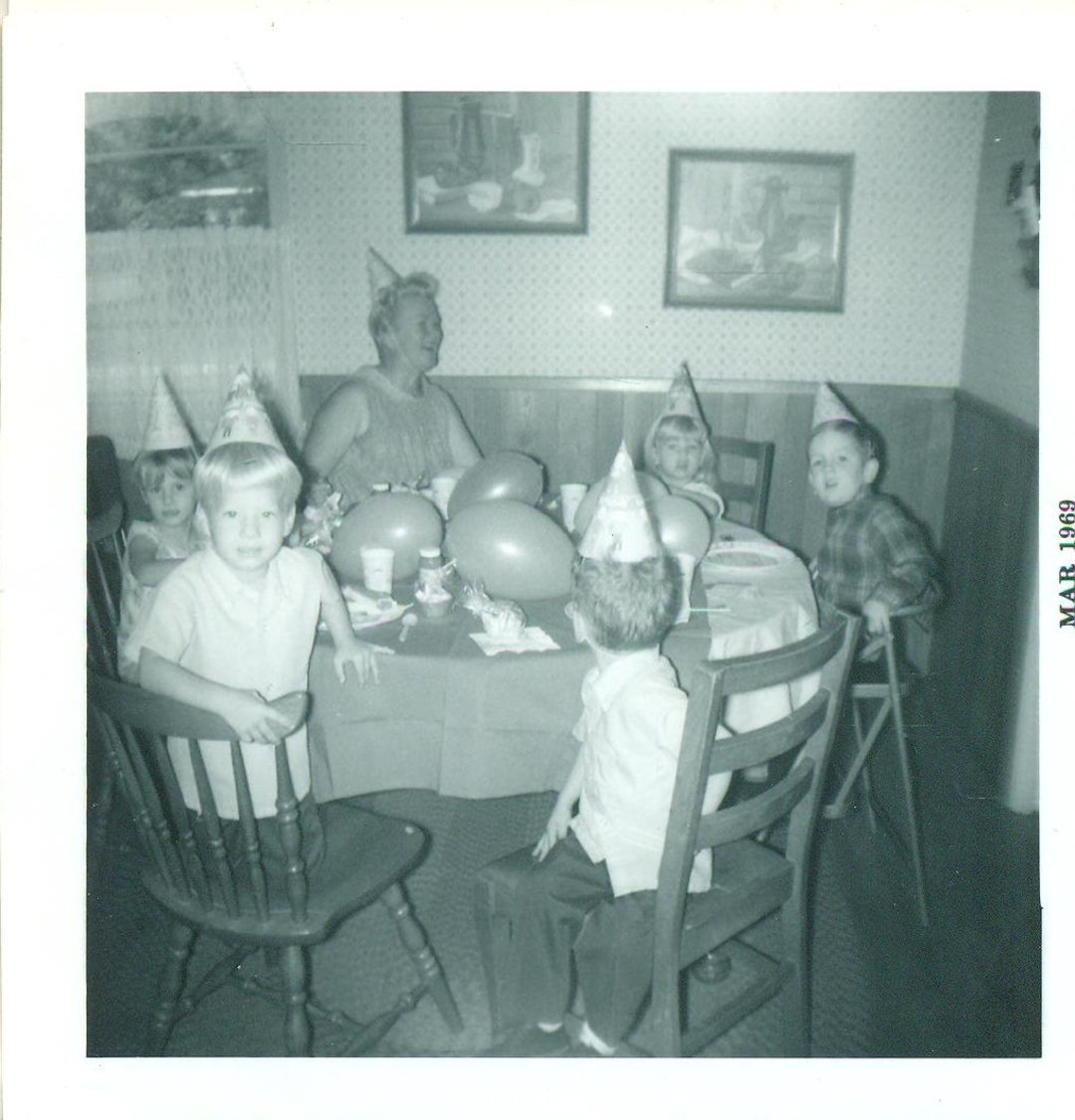 1969 Kids Birthday Party Hats Balloons Table 60s Vintage Photo Black ...