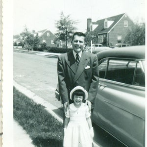 1950s Dad Daughter Dressed For Church Sunday Best Father Car Street 50s Vintage Photograph Black White Photo