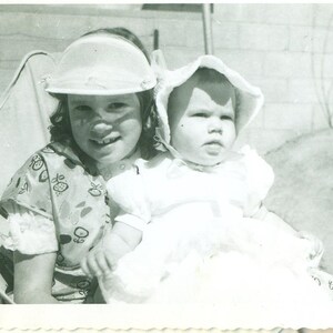 1956 Big Baby Sister Ruth Mary Bell Sitting in Sun Hats 50s Vintage Photograph Black White Photo