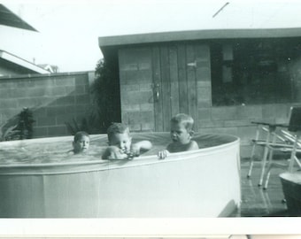 1950s Boys In Backyard Swimming Pool Toy Car Swim 50s Vintage Photograph Black White Photo