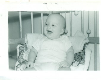 1960 Happy Bald Baby Laugh in Crib 60s Vintage Photograph Black White Photo