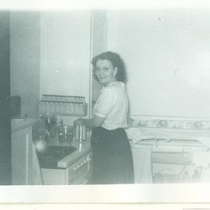 1950s Mom Cooking in the Kitchen Happy Woman 50s Vintage Photograph Black White Photo