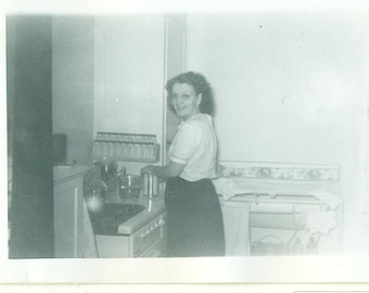 1950s Mom Cooking in the Kitchen Happy Woman 50s Vintage Photograph Black White Photo