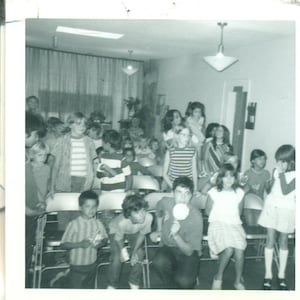 1973 Kids At School Boy Eating Lollipop Folding Chair Assembly 70s Vintage Photograph Photo