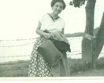 1940s Woman Travel Case Barbed Wire Fence Lake Road Trip 40s Vintage Photograph Black White Photo