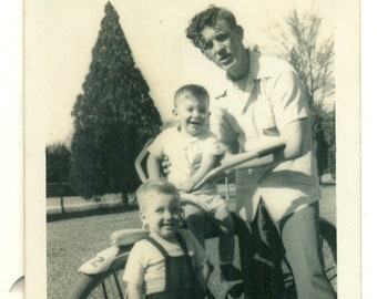 1940s Dad Holding Little Boy on Big Bike Bicycle Photo Black White Photograph