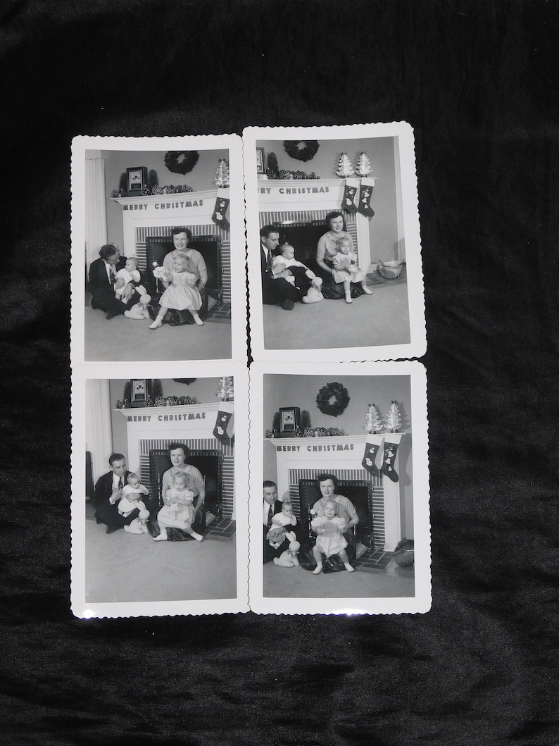 1950s 4 Attempts Family Christmas Photos With Baby Parents Fireplace Black White Photographs