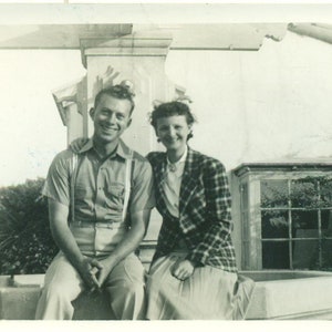 1940s Not So Fashionable Couple Suspenders Plaid Blazer 40s Vintage Photo Black White Photograph