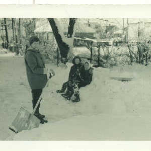 Mom Shoveling Snow Girls Playing Newport RI Winter 50s Vintage Photograph Black White Photo
