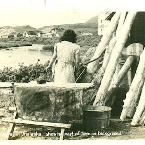 Woman Wash Day in Unalaska Alaska Town in Background 1930s RPPC Postcard Unmailed