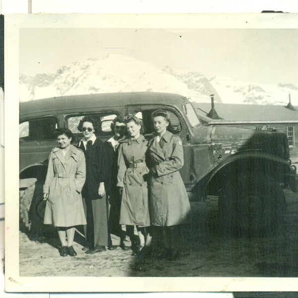 1940s Alaska WW2 Army Nurses Women Uniform Trench Coats With Base Truck Censor Stamp Vintage Photo Photograph