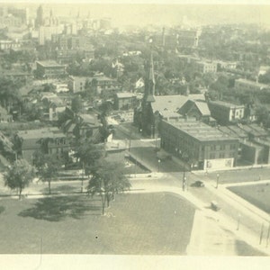 Ariel View of Town City Street Scene Summer Church Buildings Antique Vintage   Black White Photo Photograph