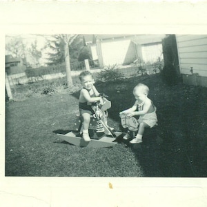 1940s Baby Boys Playing on Rocking Horses Outside Toys 40s Photo Black White Photograph