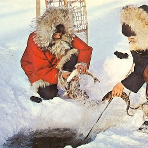 1968 Kotzebue Alaska ijsvissen met kieuwnetten Wintersneeuw briefkaart gemaild