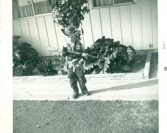 1961 Little Cowboy Holding Big Long Toy Rifle Gun Vintage Black White Photo Photograph