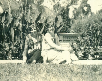 1920s Flappers Posing in Park Fur Trim Cardigan Sitting on Blanket 1920s RPPC Real Photo Postcard Antique